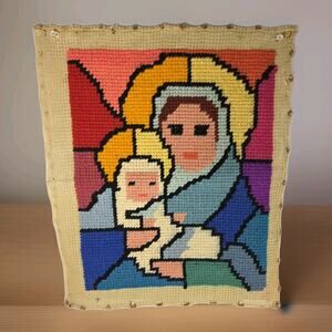 Vtg Madonna Child Virgin Mary Baby Jesus Needlepoint Embroidery Handmade Religio